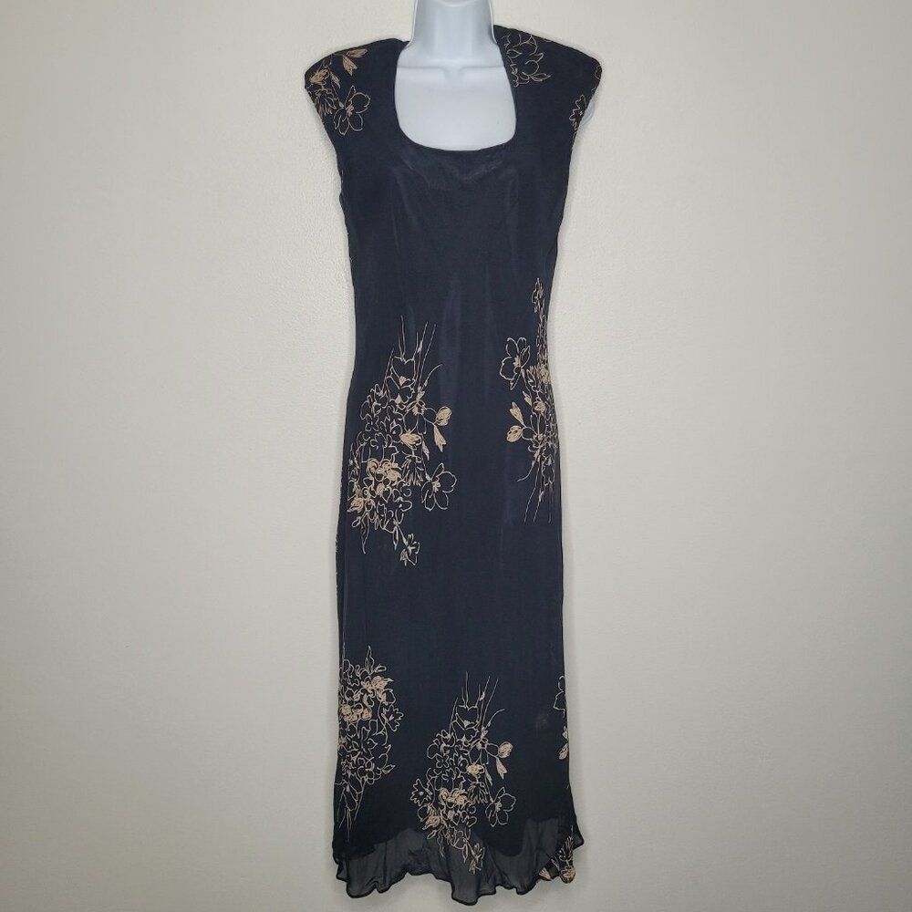 Vintage 90s black tan floral print grunge goth witchy maxi dress size 10